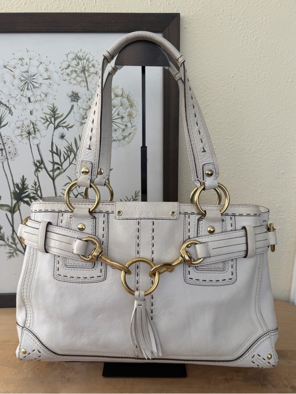 Coach White Western Leather Shoulder Bag with Brass Hardware